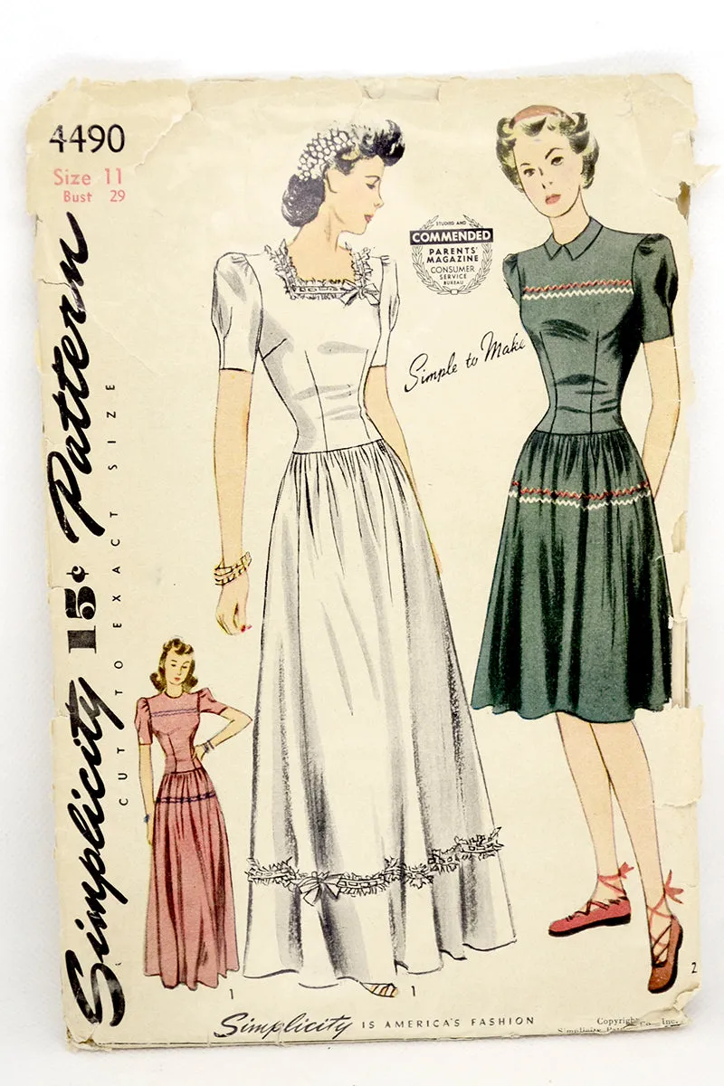 1943 Vintage Dress Sewing Pattern Simplicity 4490