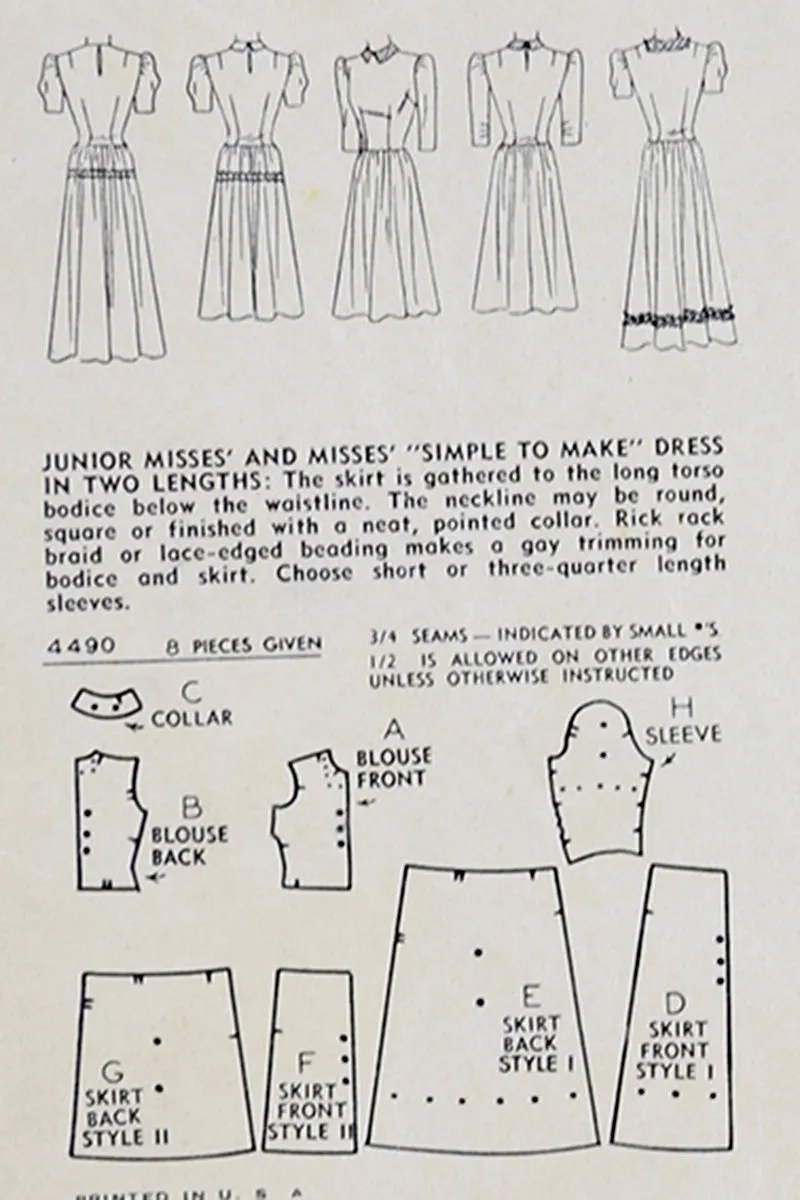 1943 Vintage Dress Sewing Pattern Simplicity 4490