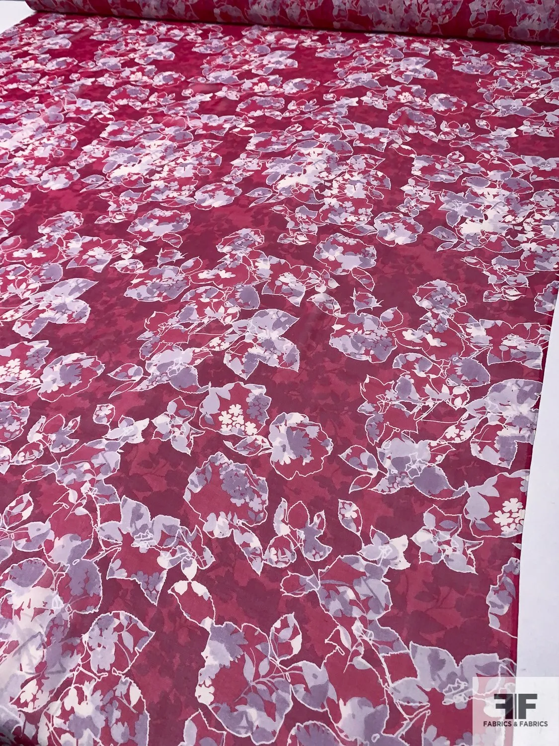 Abstract Leaf Printed Silk Chiffon - Magenta / Light Purple / Off-White