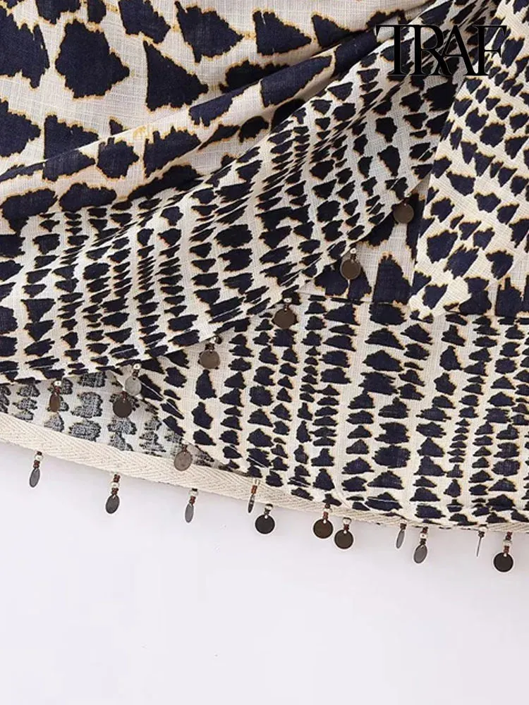 Beaded Print Wrap Mini Skirt