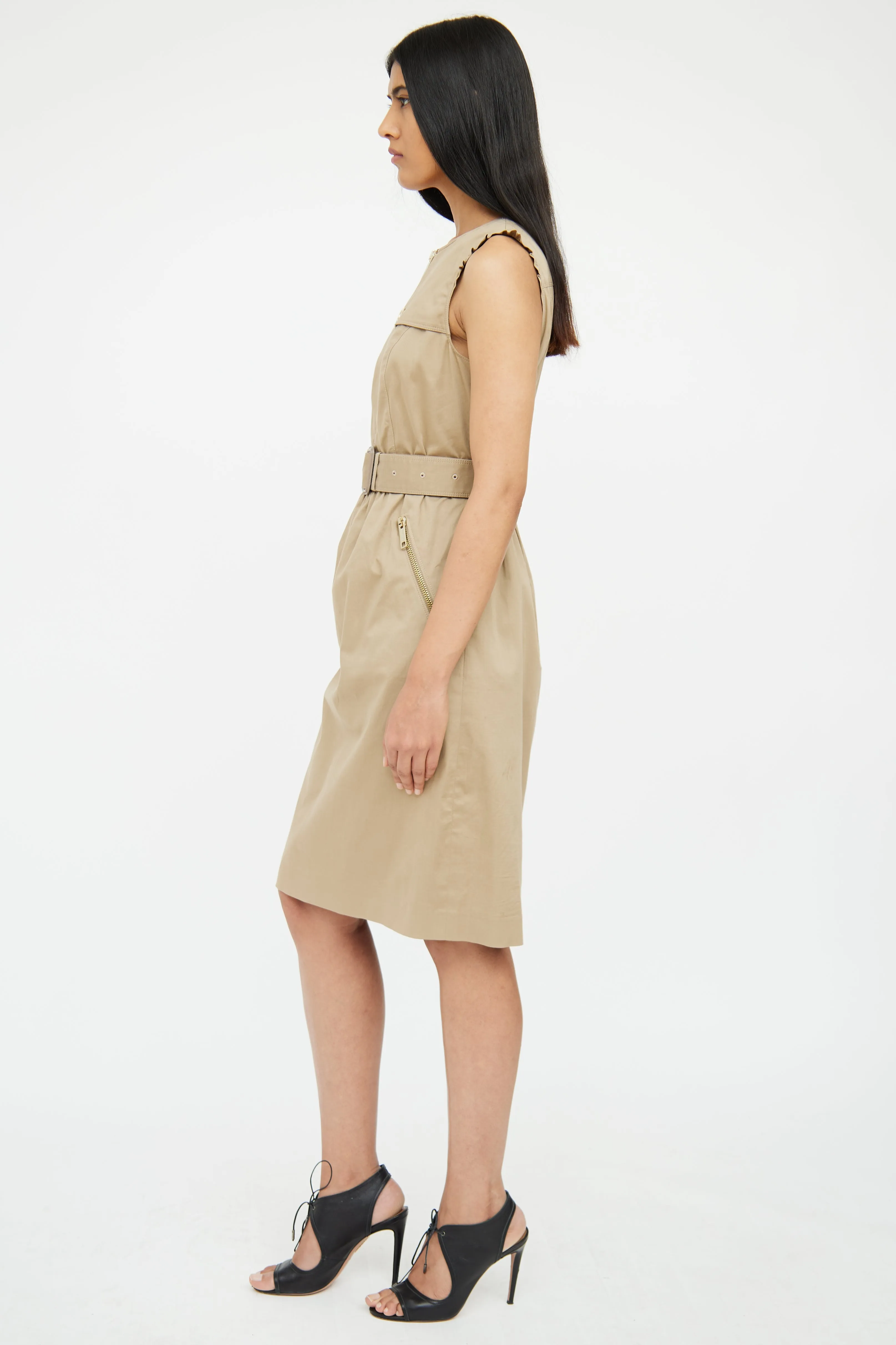 Beige Ruffle & Zipper Belted Dress