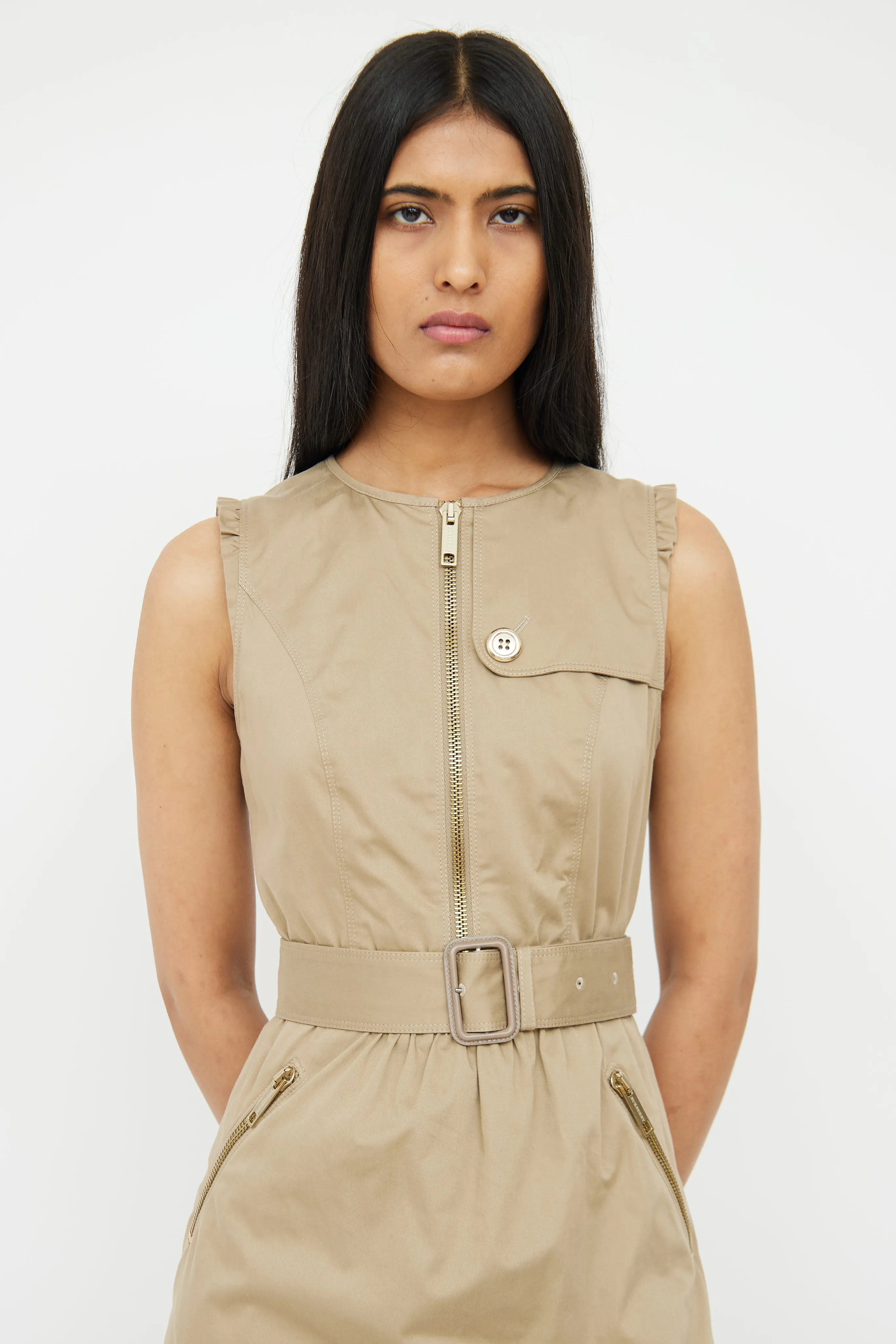 Beige Ruffle & Zipper Belted Dress