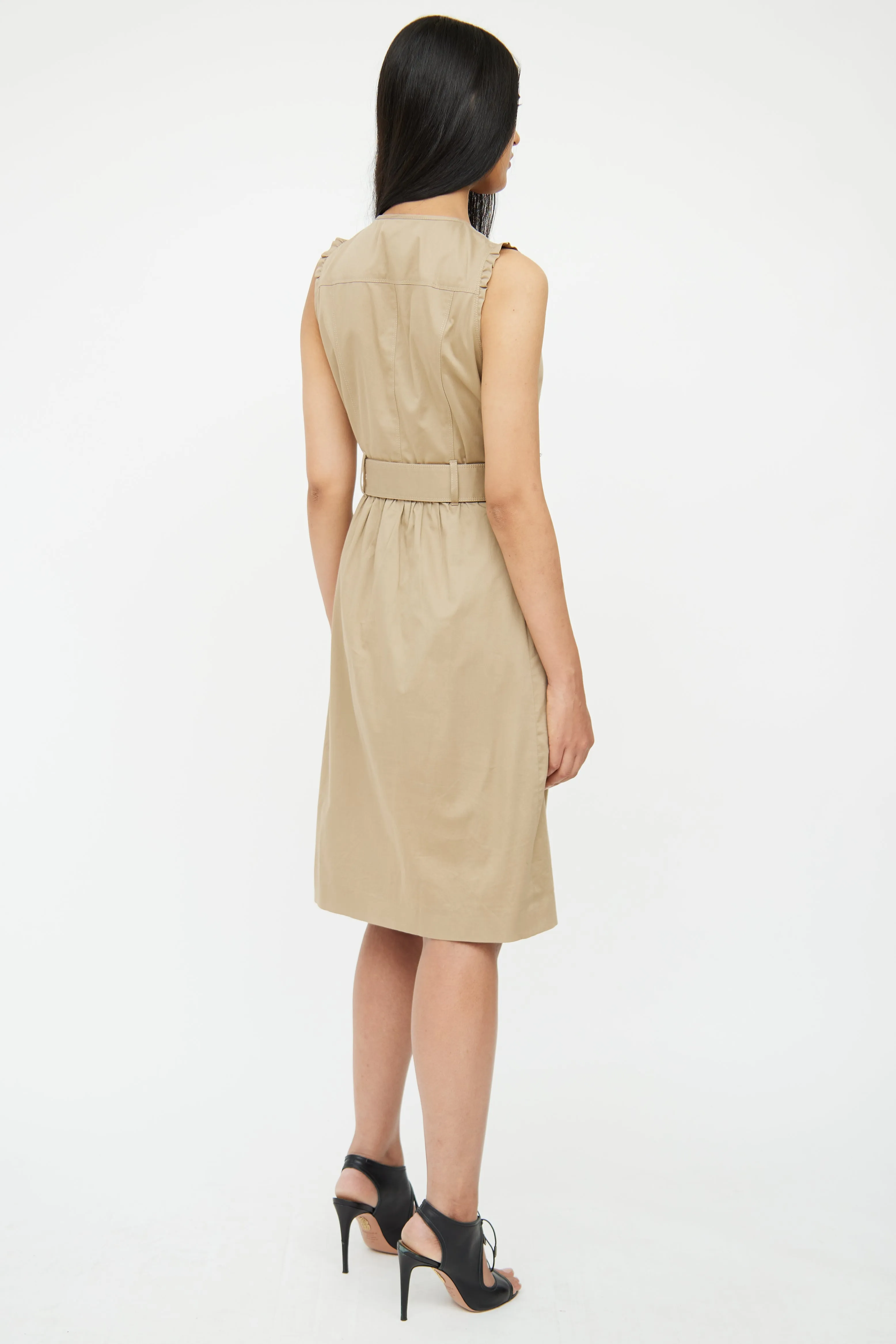 Beige Ruffle & Zipper Belted Dress