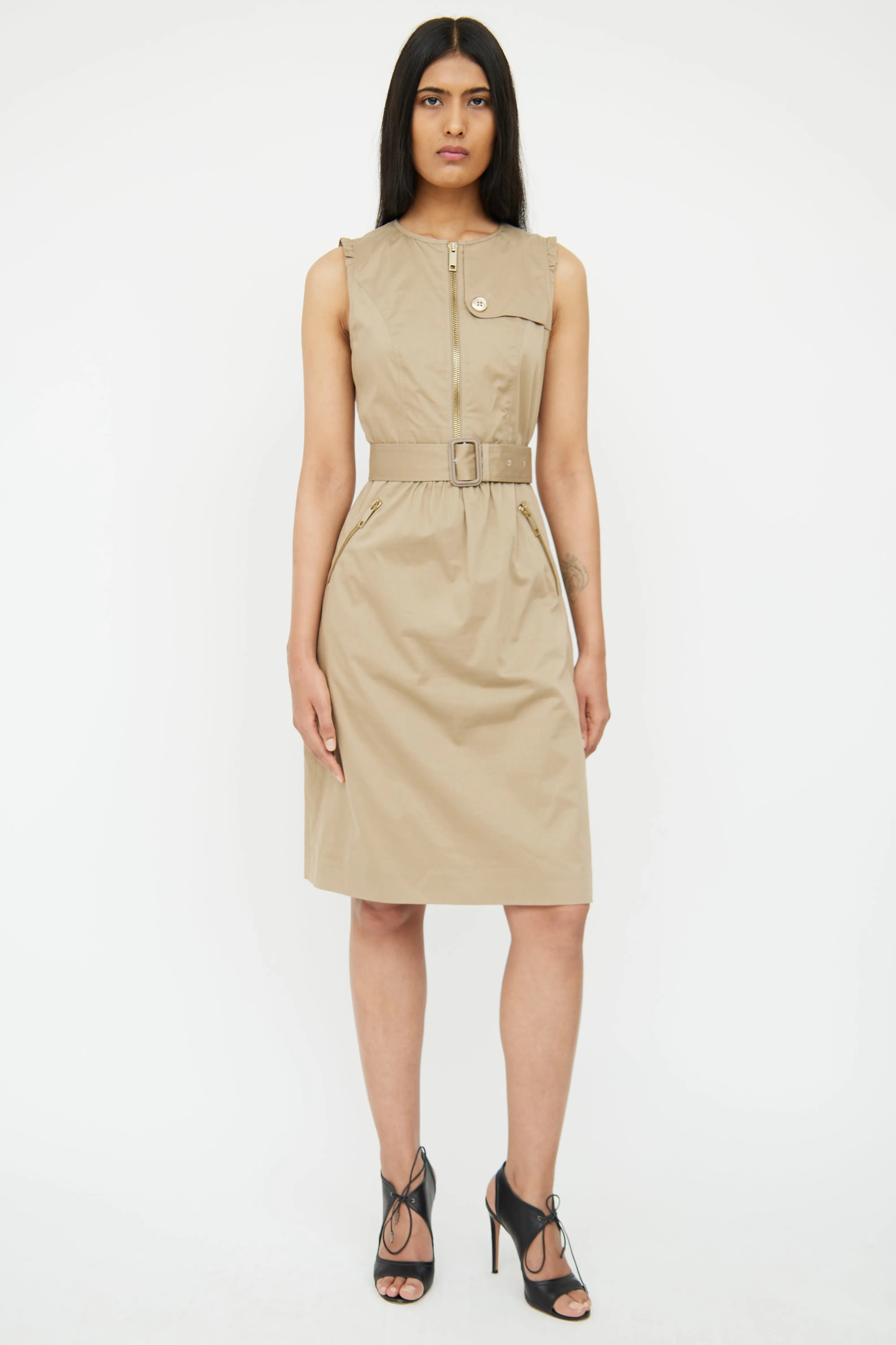 Beige Ruffle & Zipper Belted Dress