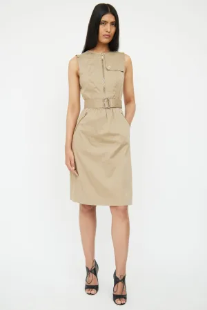 Beige Ruffle & Zipper Belted Dress