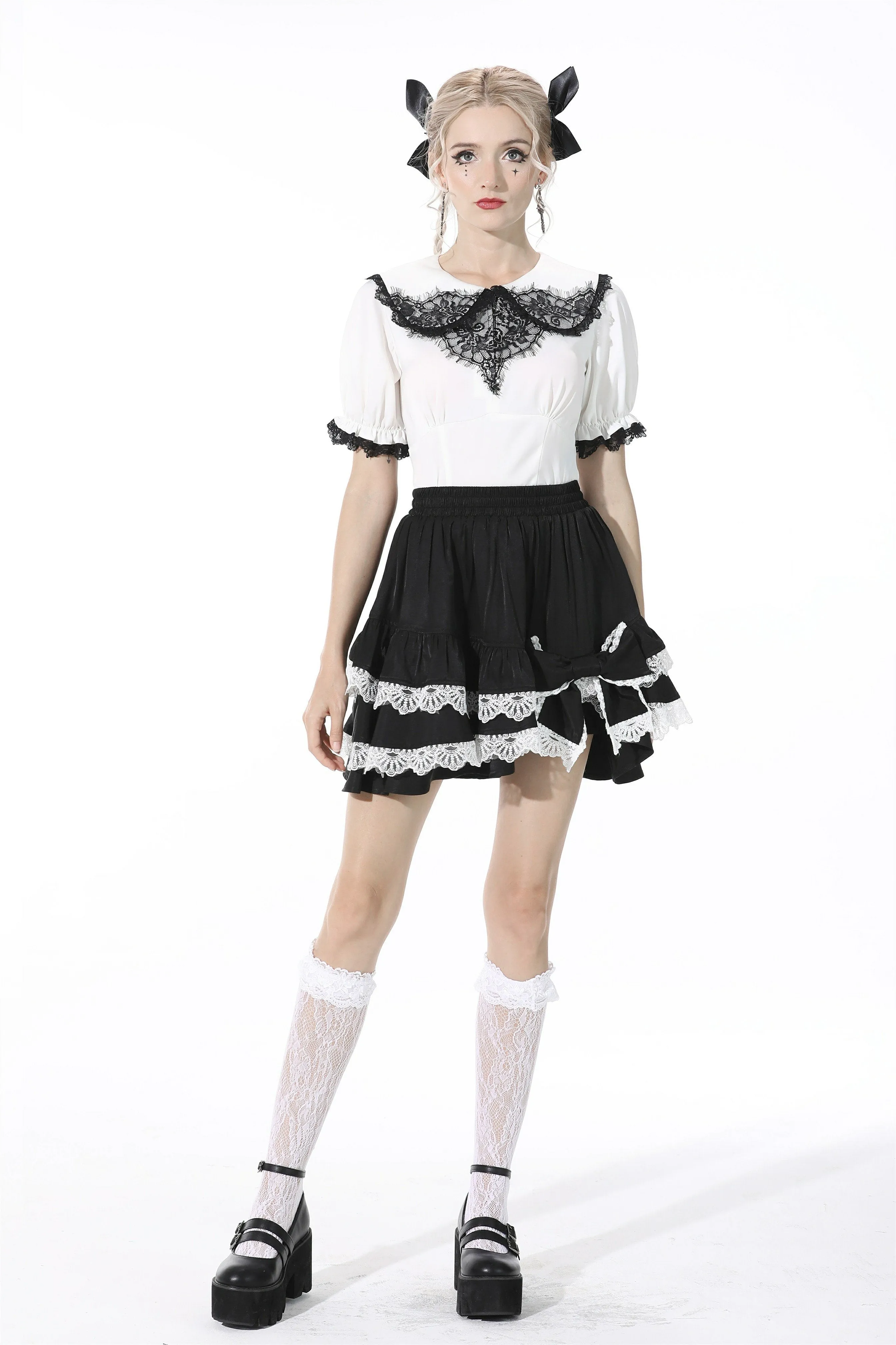 Black lolita white bow contrast mini skirt KW201