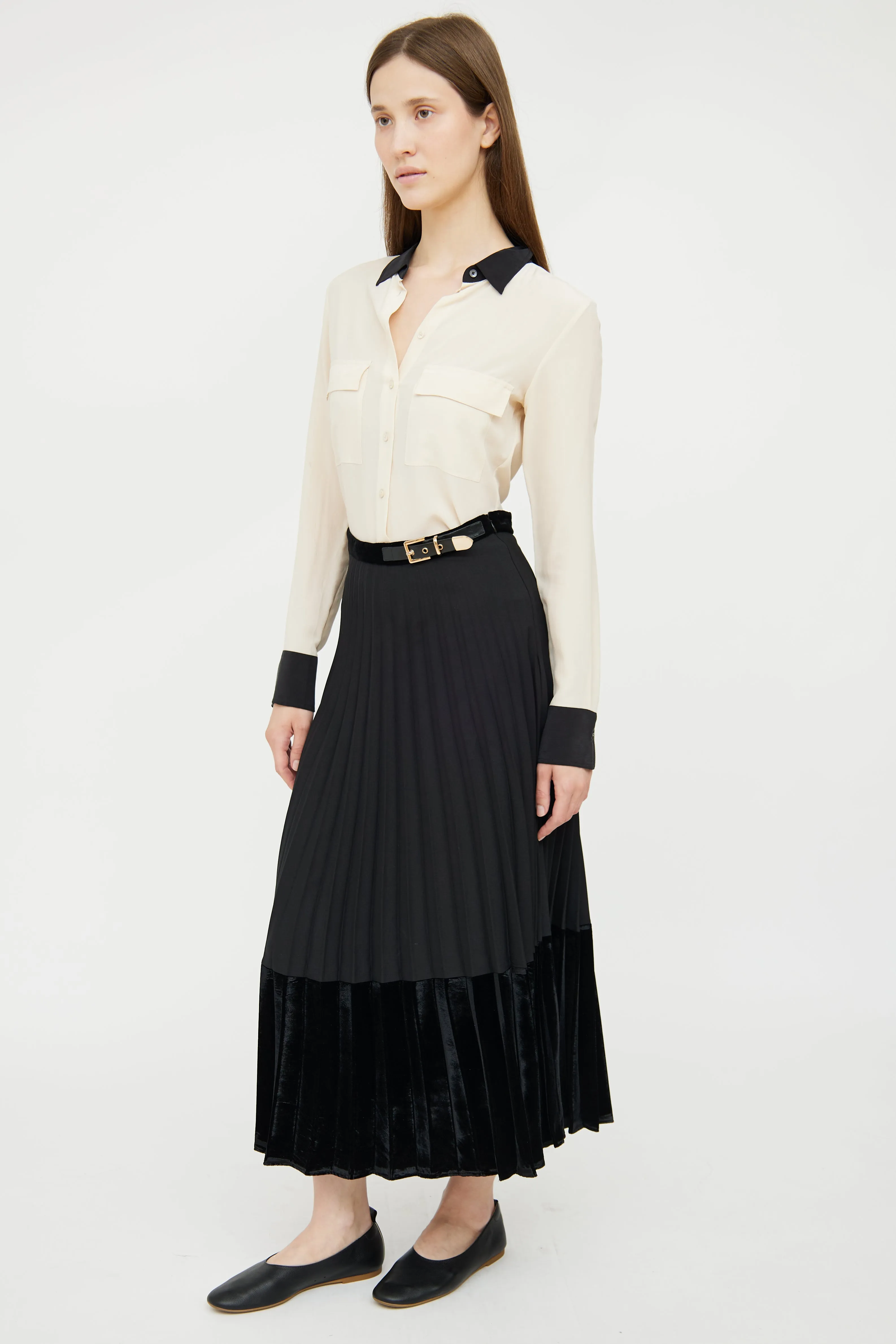 Black Pleated Velvet Panel Skirt