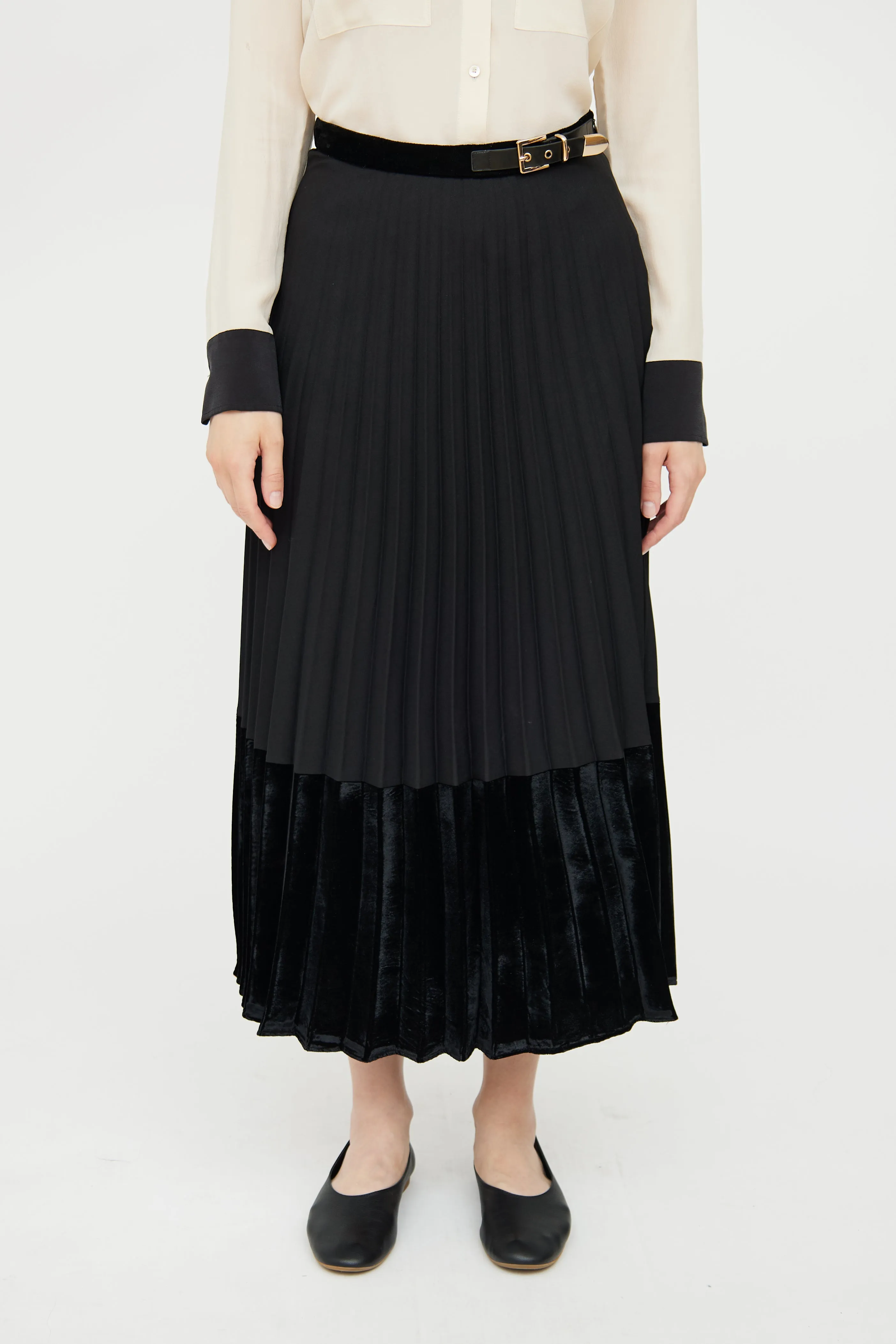 Black Pleated Velvet Panel Skirt