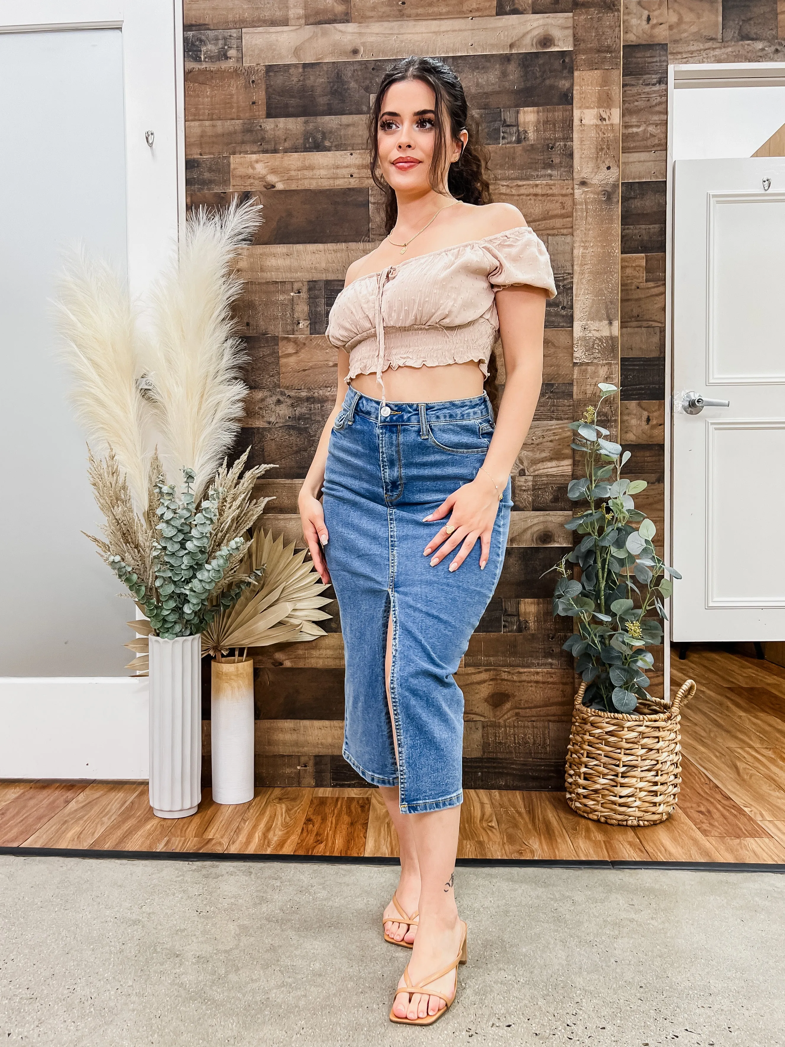 Brandi Stretch Jean Slit Midi Skirt