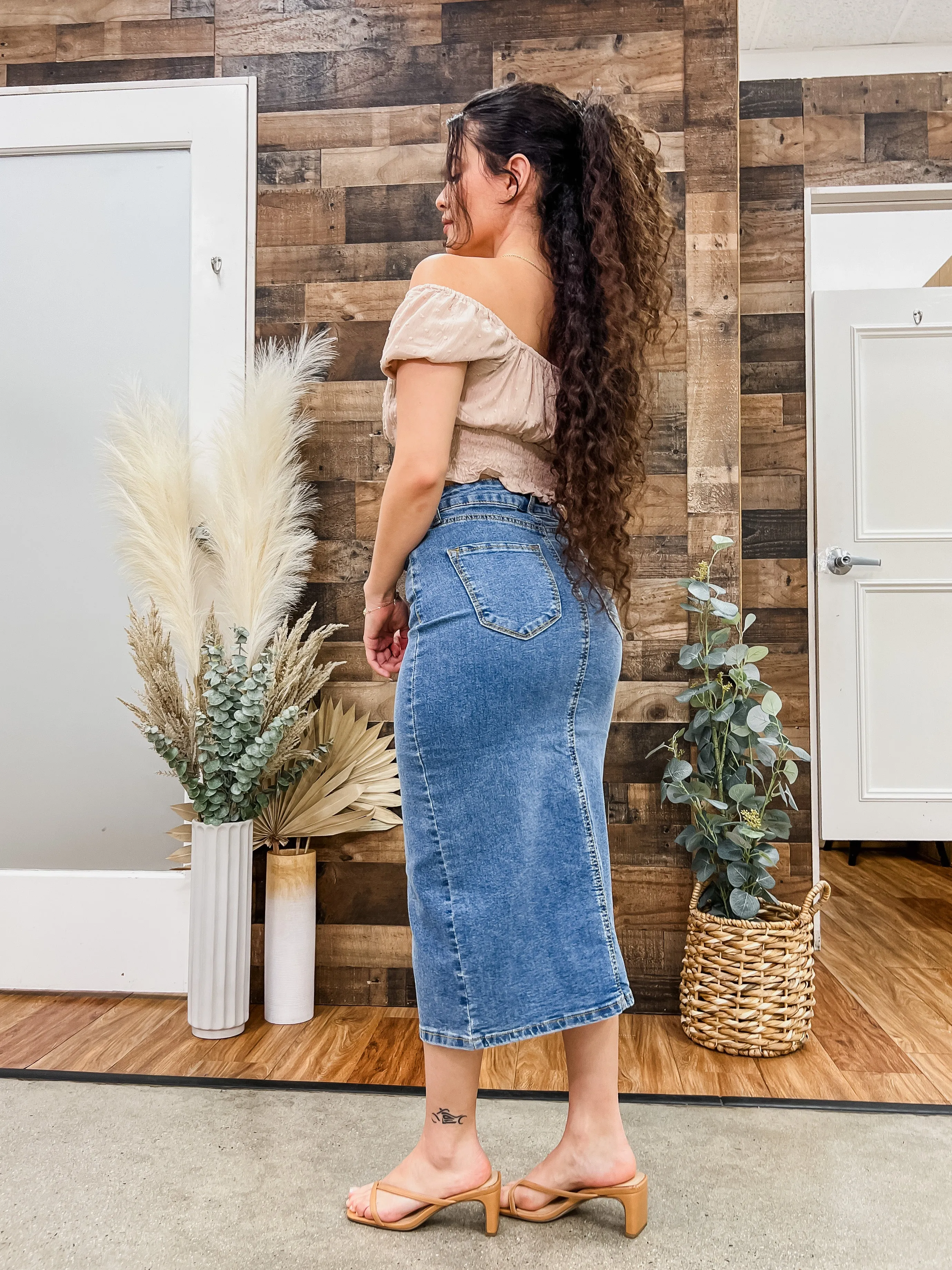 Brandi Stretch Jean Slit Midi Skirt