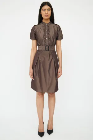 Brown Button Front Ruffle Dress
