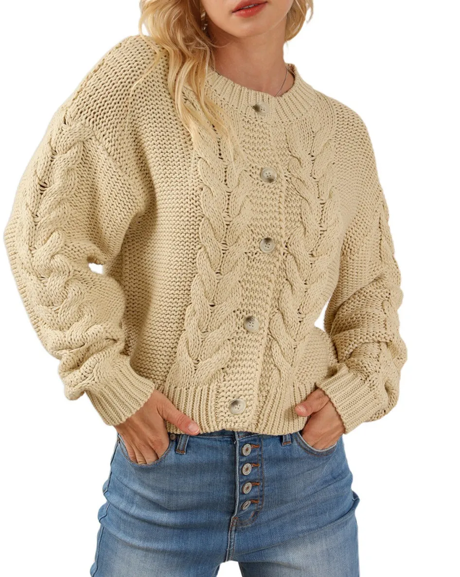 Cable Ribbed Trim Buttoned Cardigan