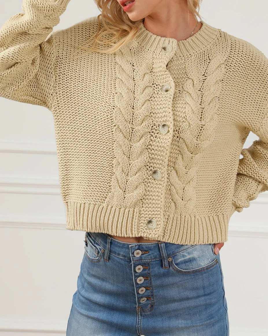Cable Ribbed Trim Buttoned Cardigan