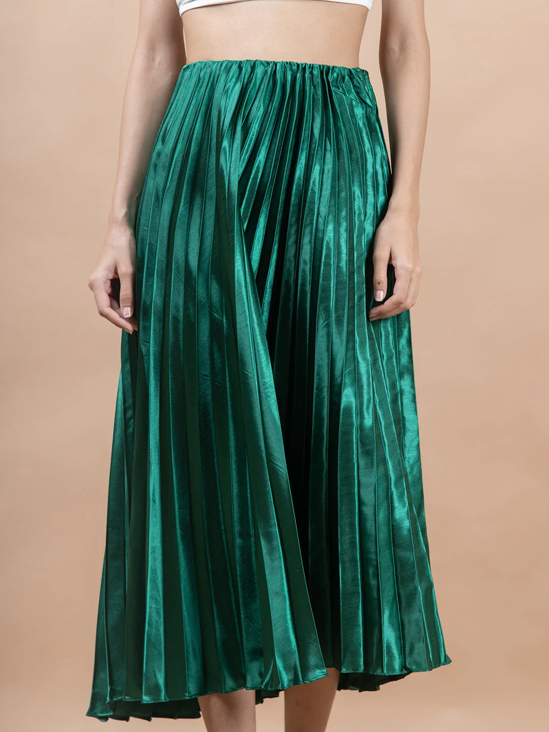 Dark Green Flared Skirt with Accordion Pleats