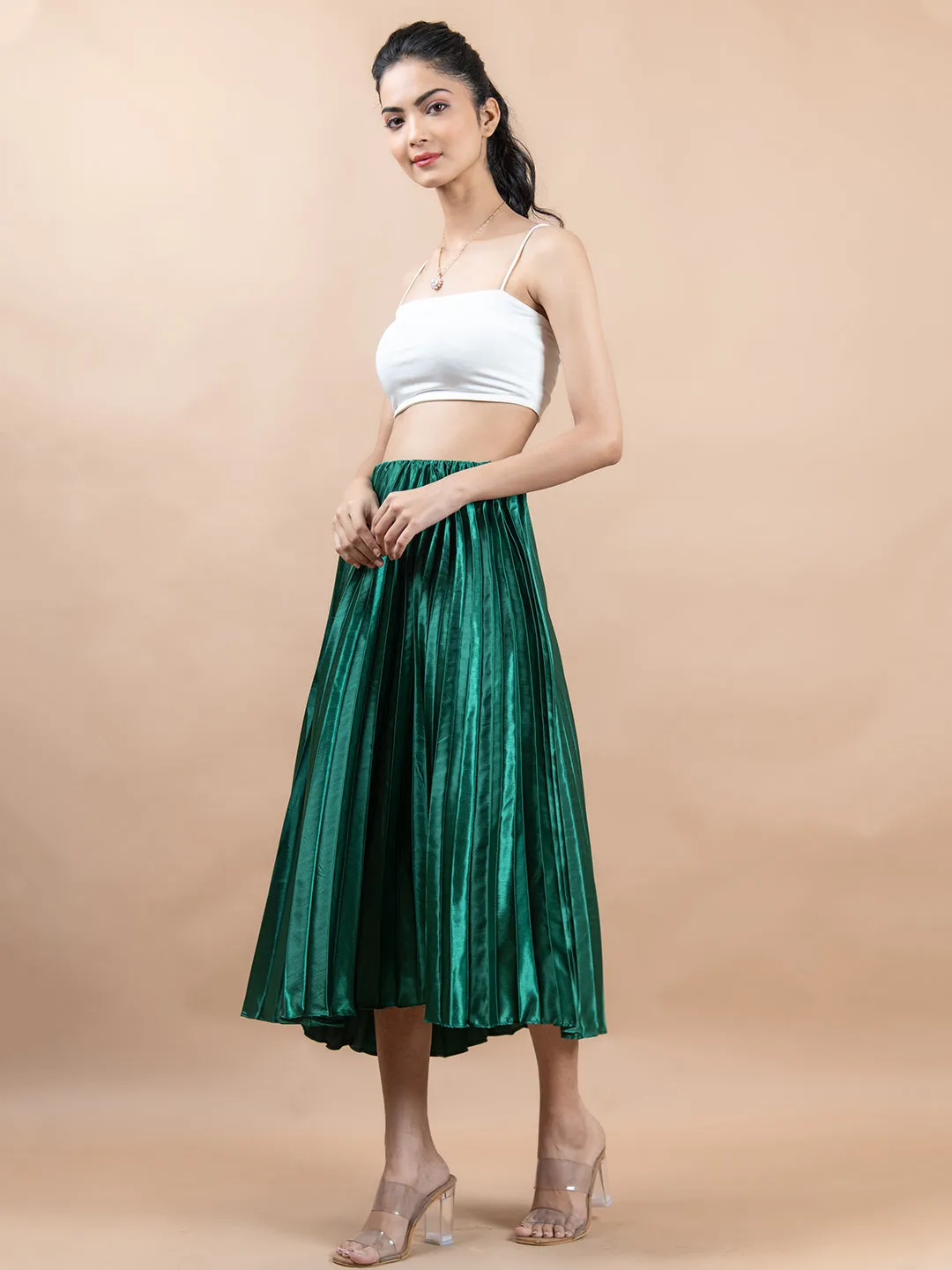 Dark Green Flared Skirt with Accordion Pleats