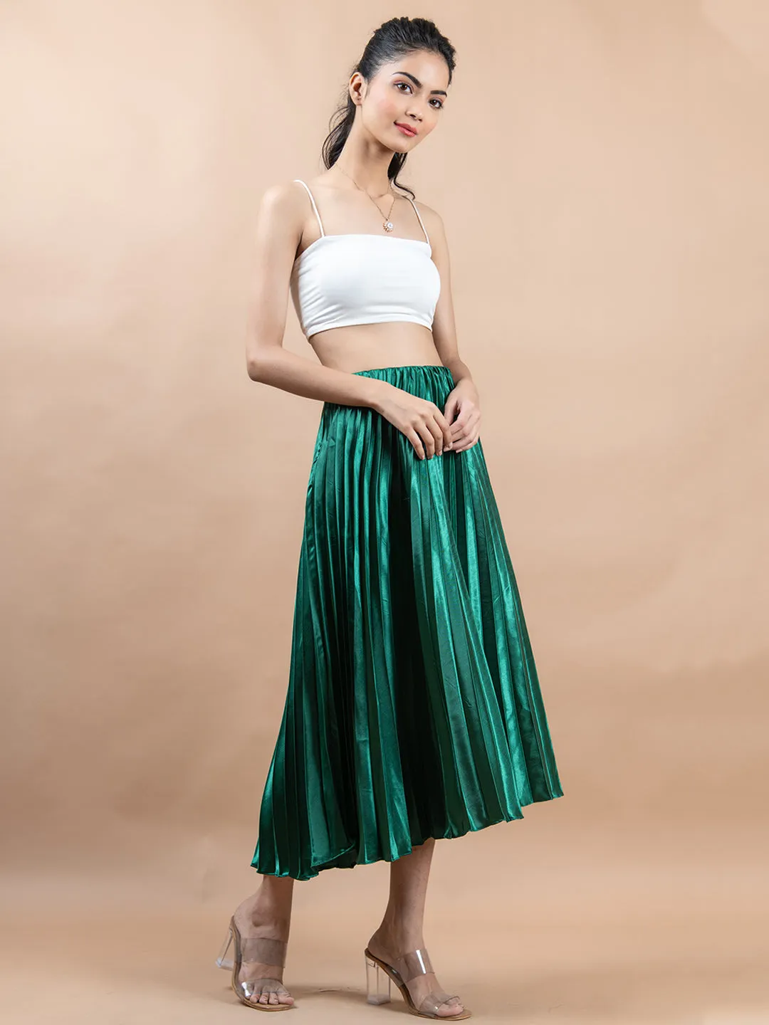 Dark Green Flared Skirt with Accordion Pleats
