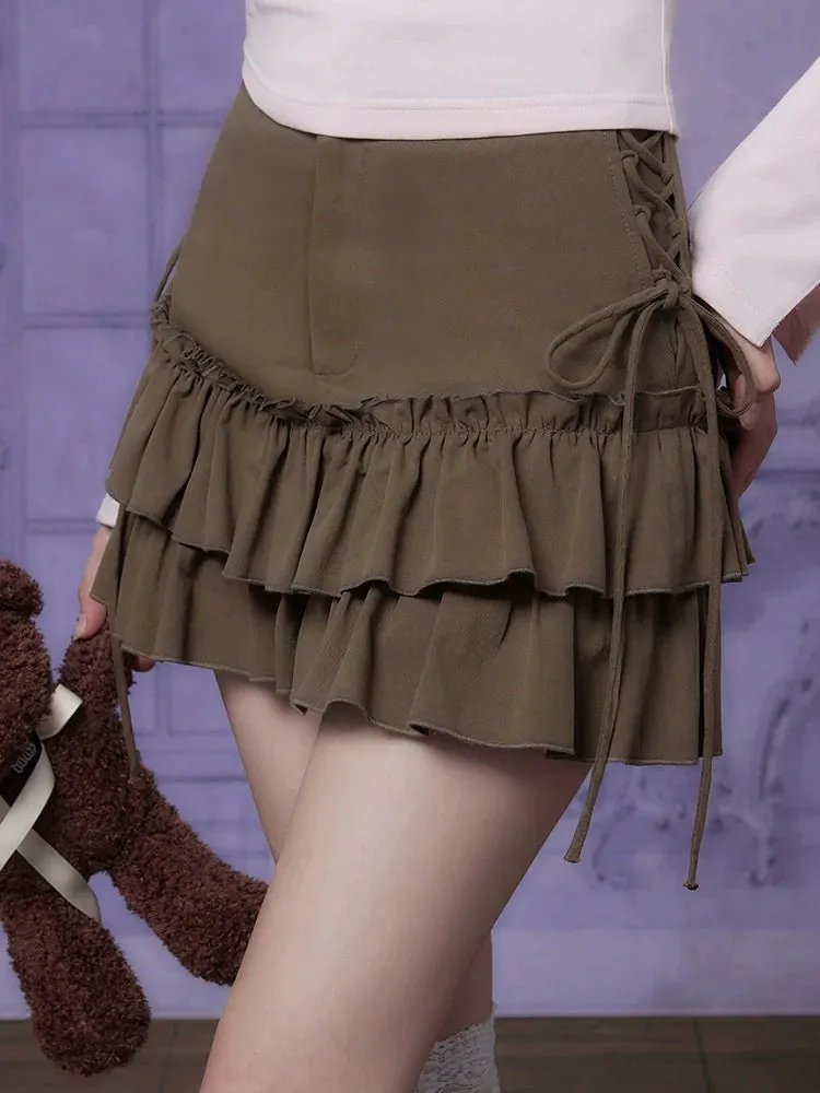 Girl Ruffle Fighting Brown Lace-Up Skirt
