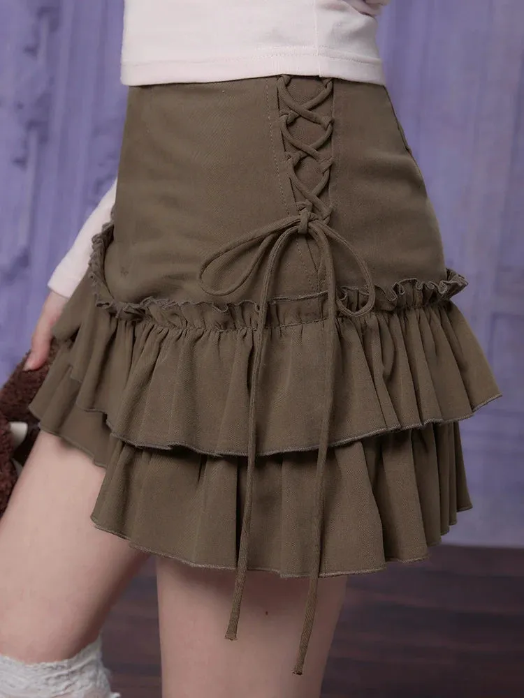 Girl Ruffle Fighting Brown Lace-Up Skirt