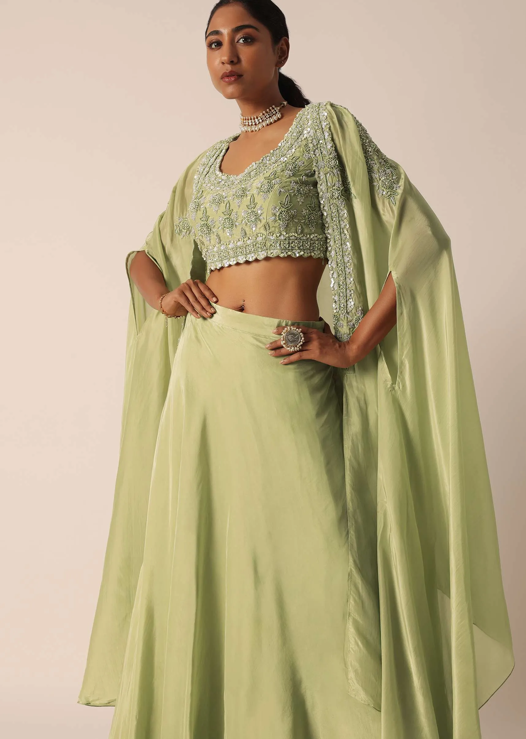 Green Sequin Work Blouse And Skirt Set