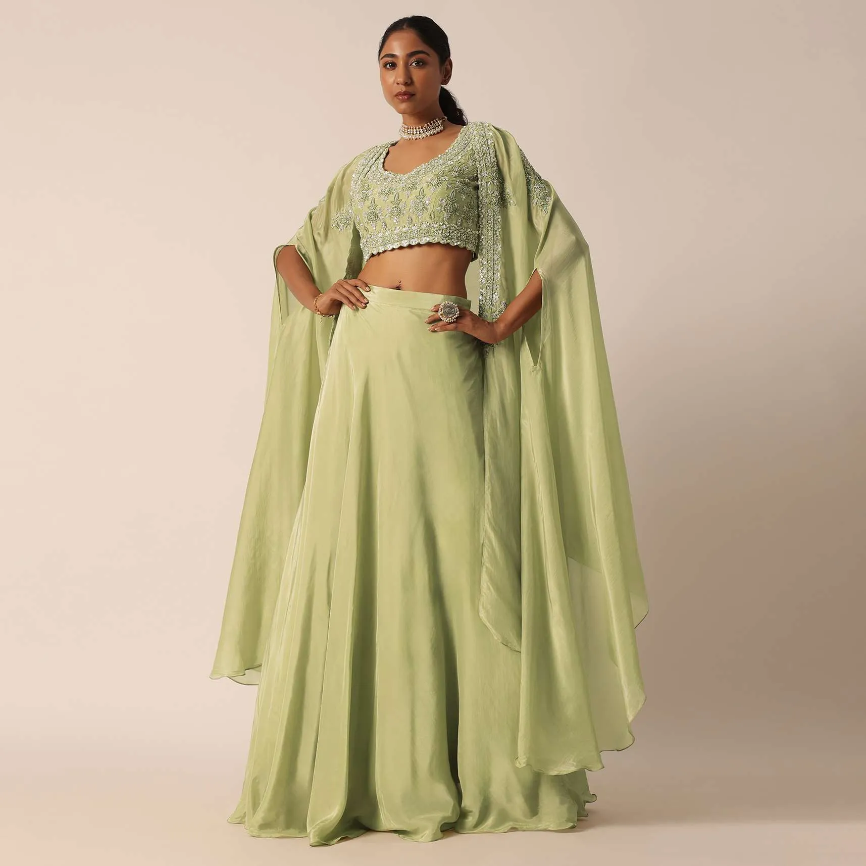 Green Sequin Work Blouse And Skirt Set