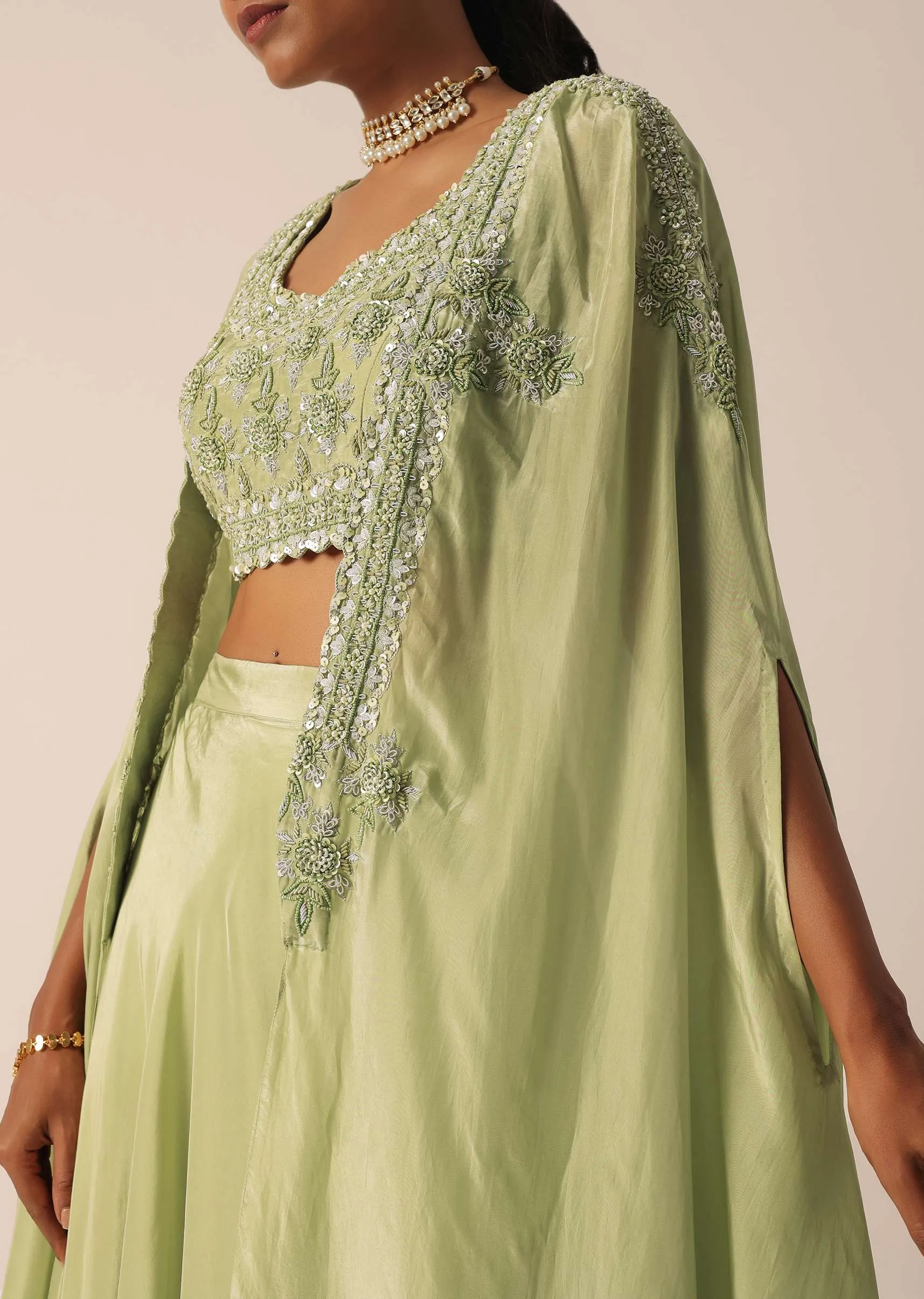 Green Sequin Work Blouse And Skirt Set