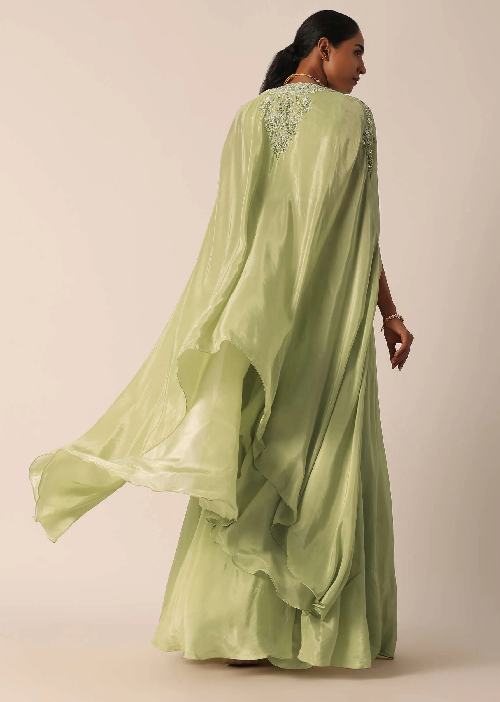 Green Sequin Work Blouse And Skirt Set