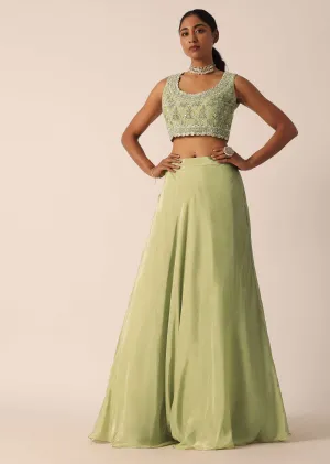 Green Sequin Work Blouse And Skirt Set