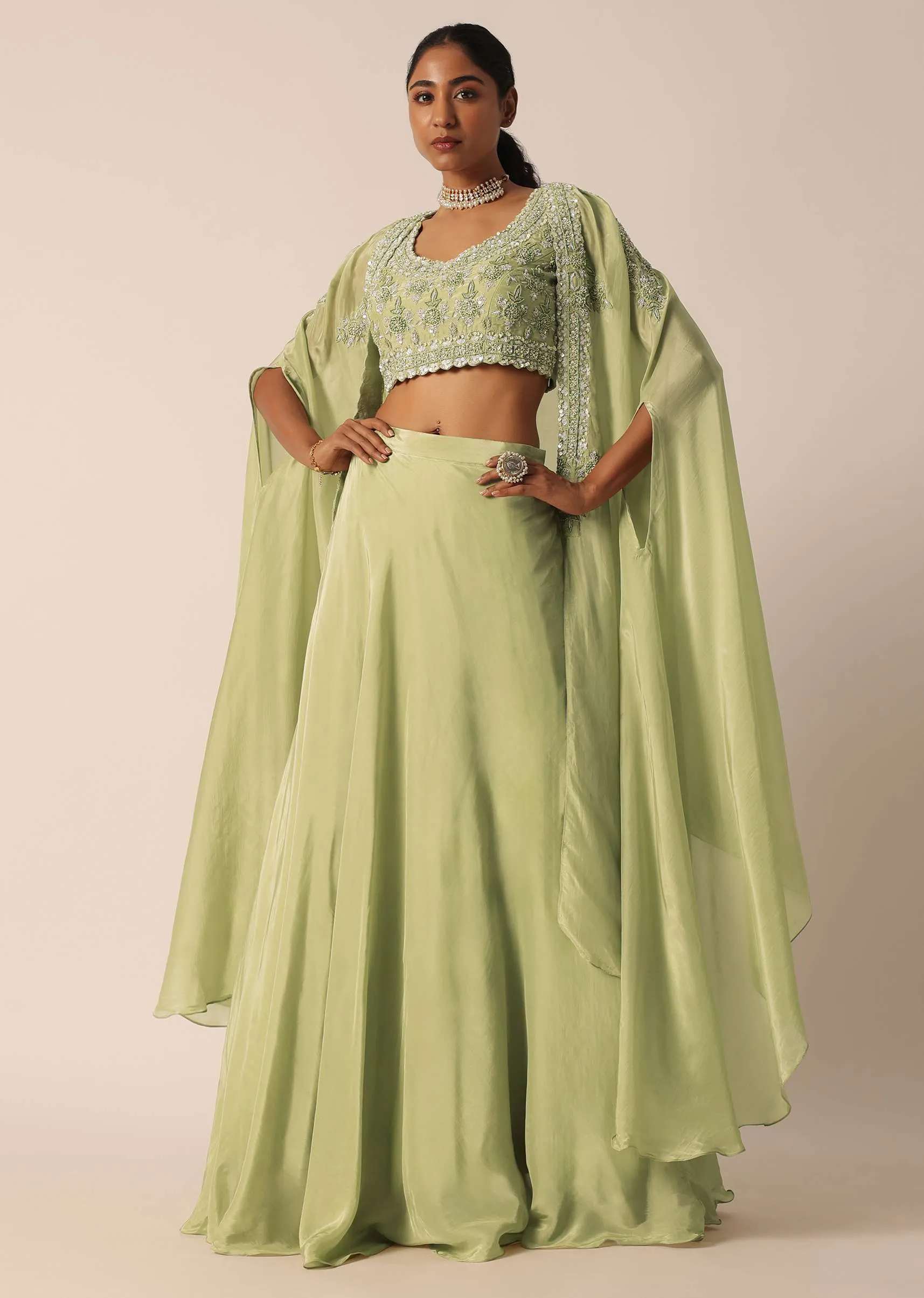 Green Sequin Work Blouse And Skirt Set