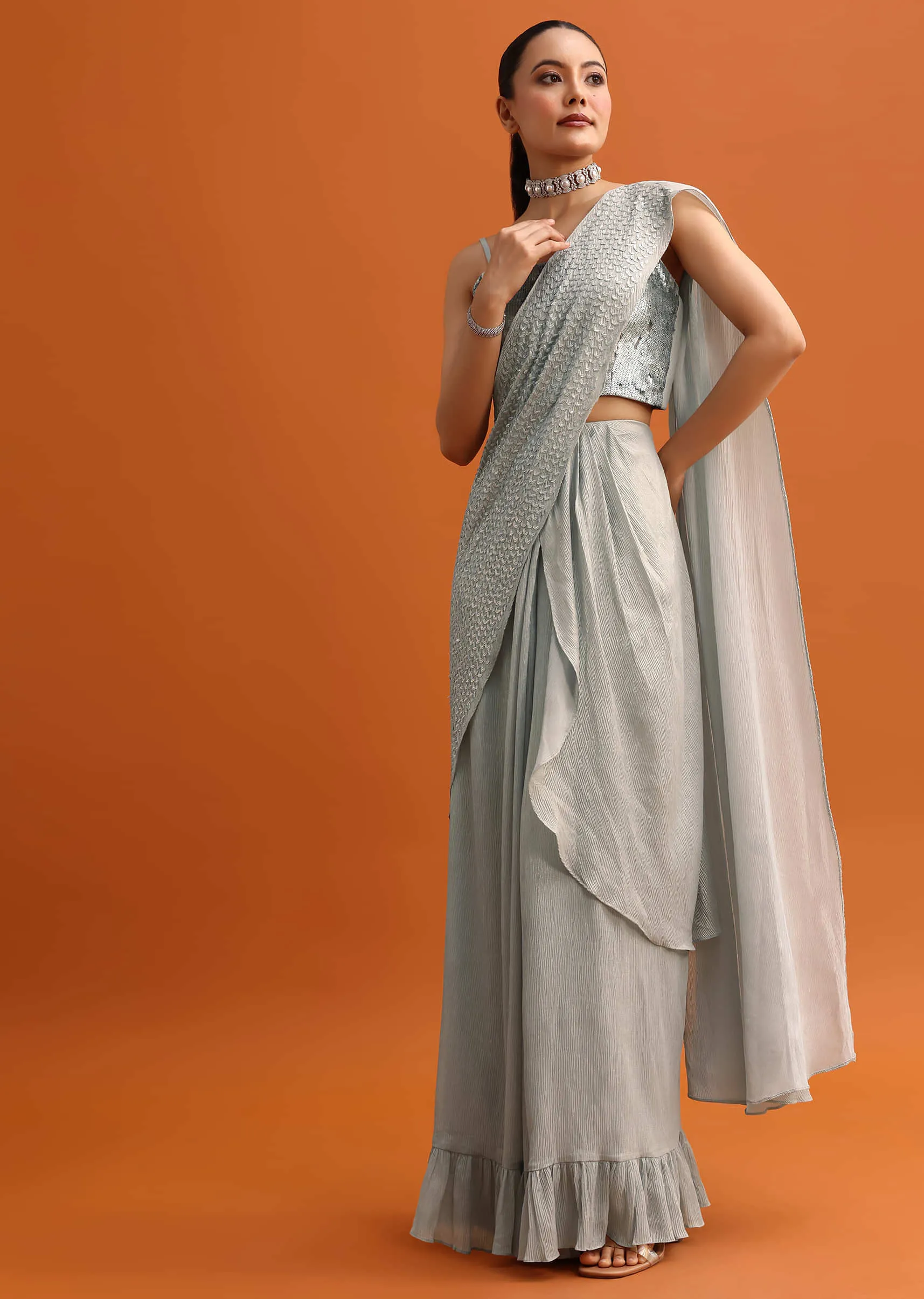 Grey Sequins Ready Pleated Saree