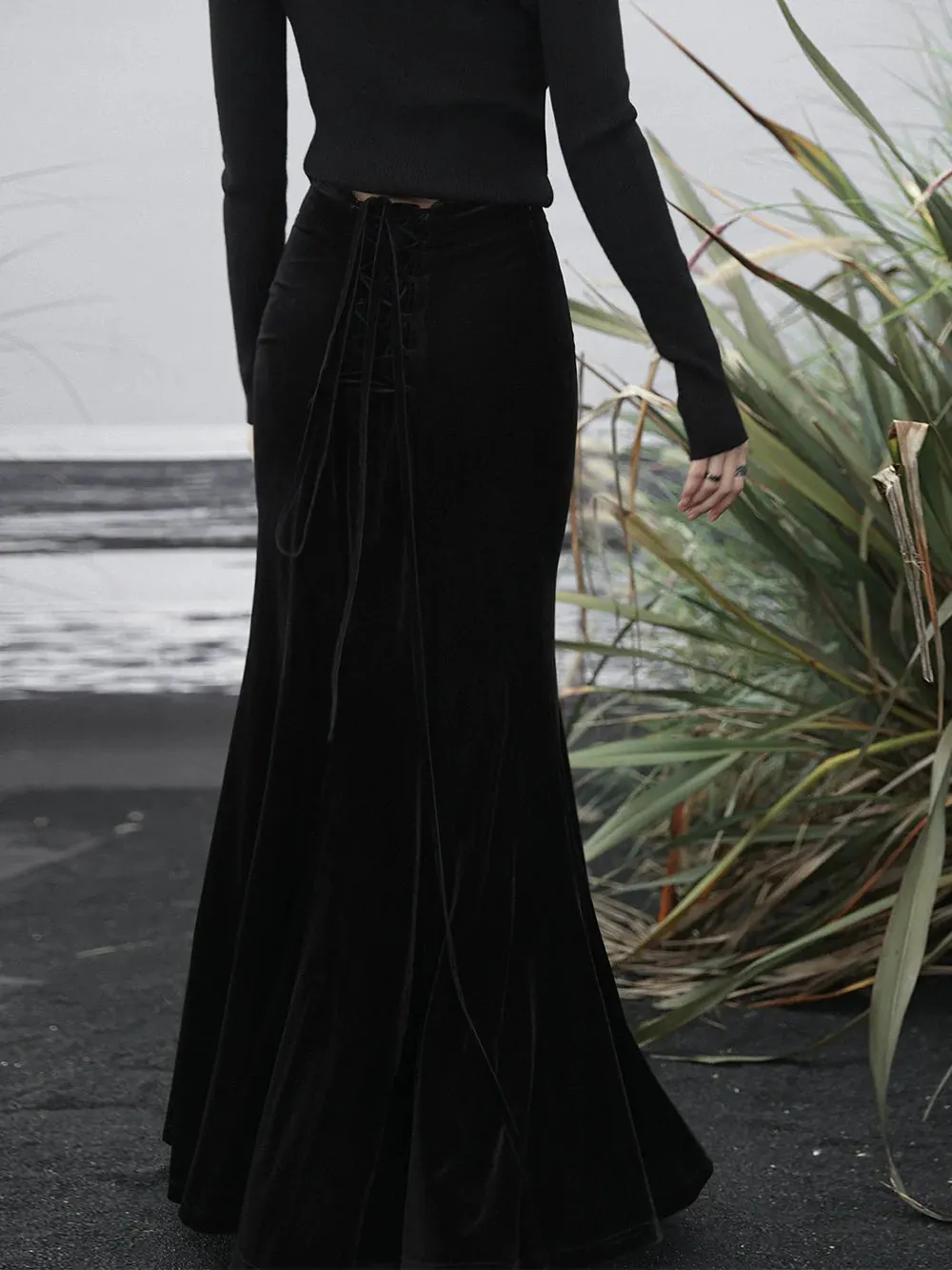 High Mermaid Velvet Black Waist Skirt Retro Back Long Up Lace