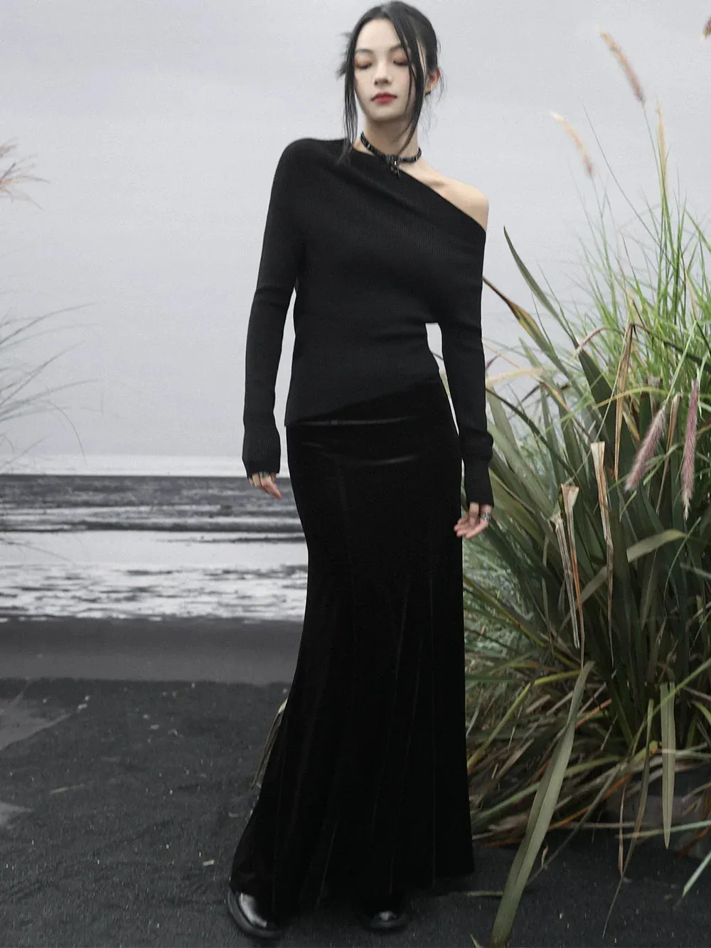 High Mermaid Velvet Black Waist Skirt Retro Back Long Up Lace