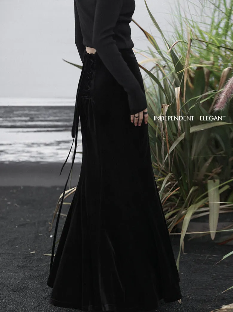 High Mermaid Velvet Black Waist Skirt Retro Back Long Up Lace