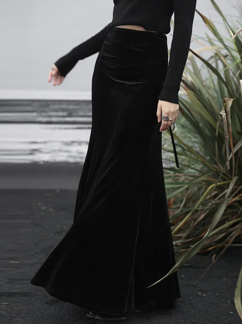 High Mermaid Velvet Black Waist Skirt Retro Back Long Up Lace