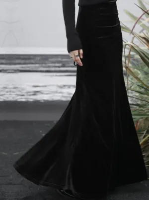 High Mermaid Velvet Black Waist Skirt Retro Back Long Up Lace