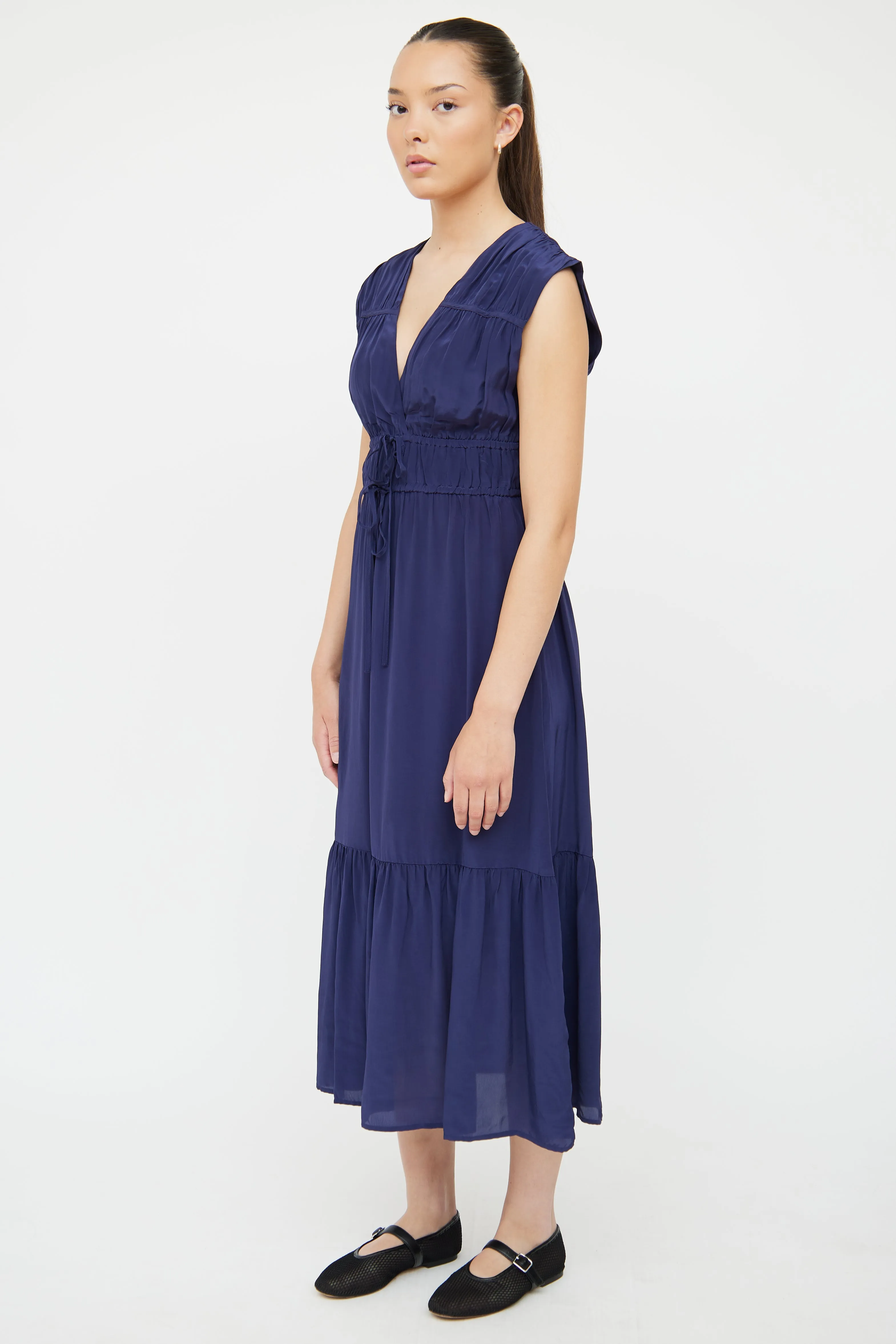 Navy Satin Aletta Shirred Dress
