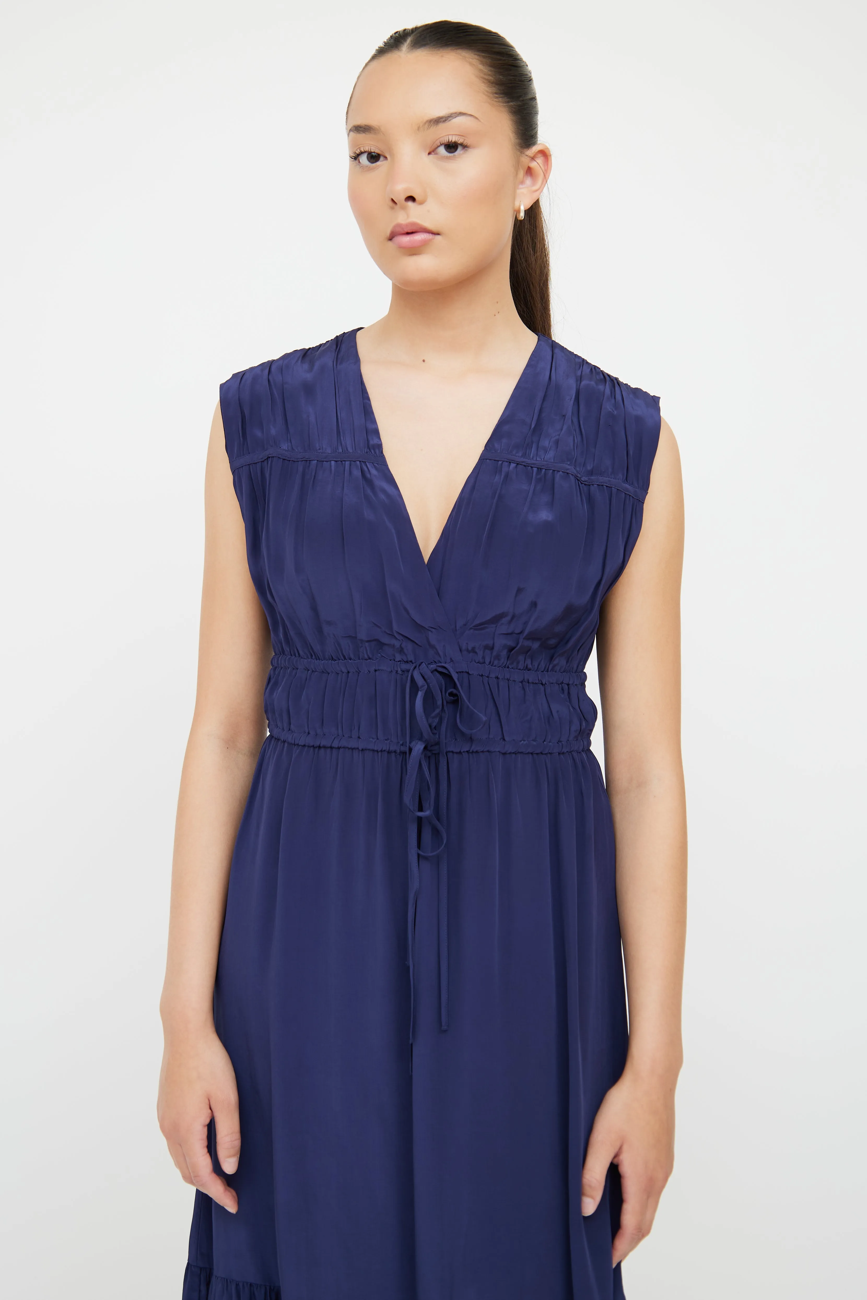 Navy Satin Aletta Shirred Dress