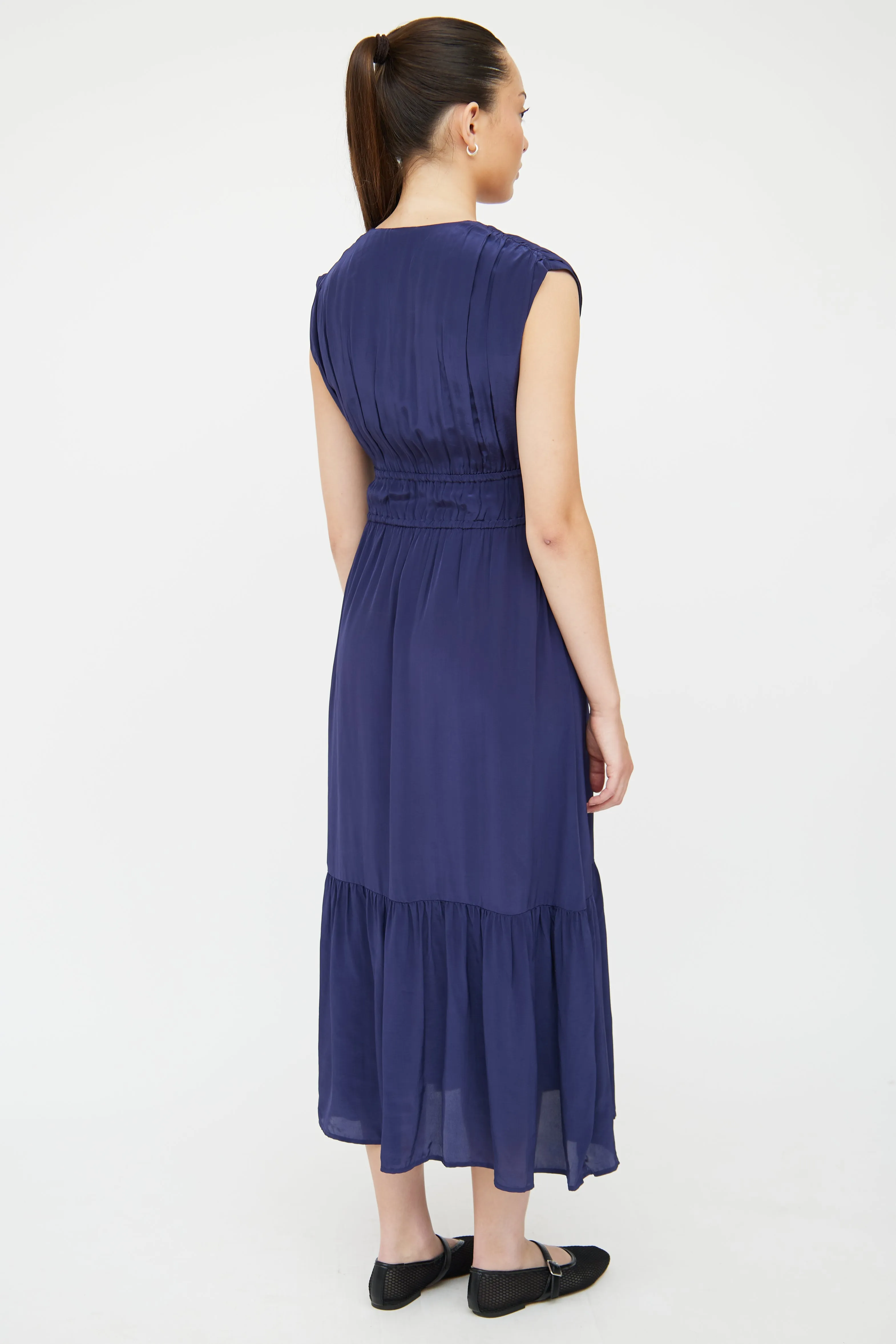 Navy Satin Aletta Shirred Dress