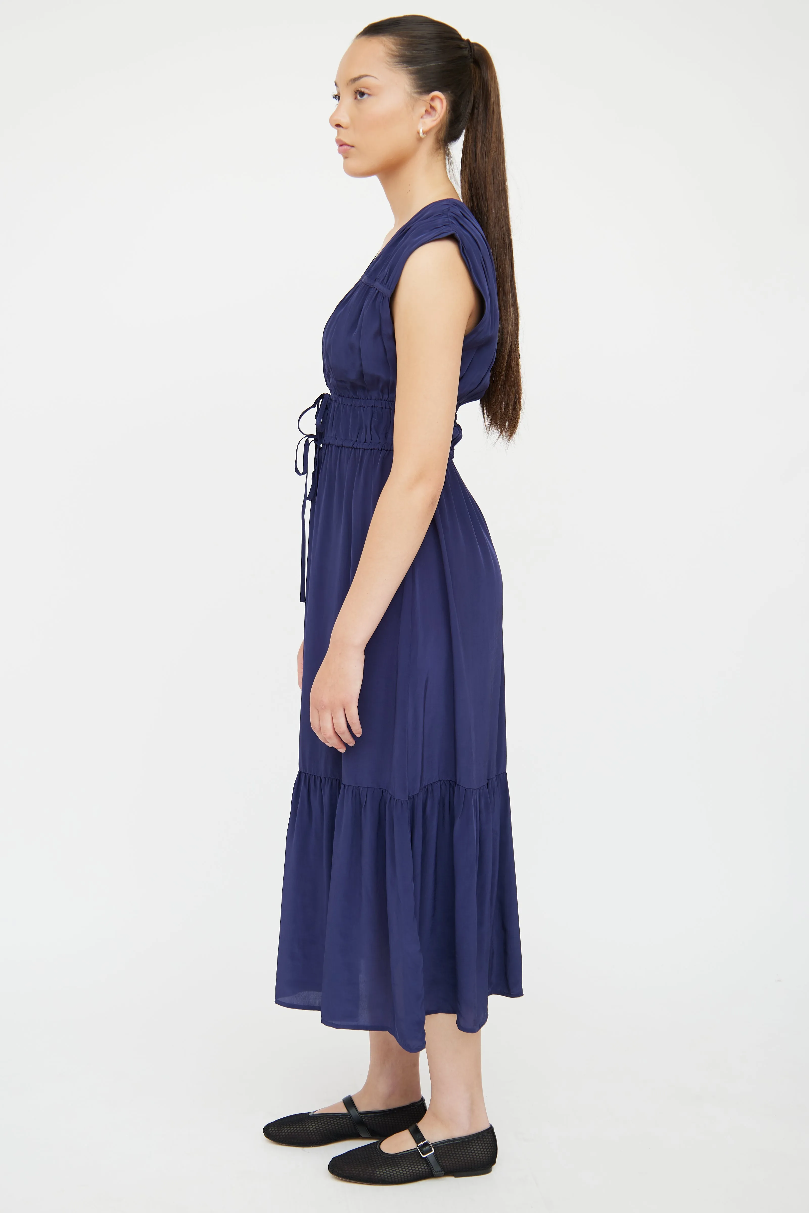 Navy Satin Aletta Shirred Dress